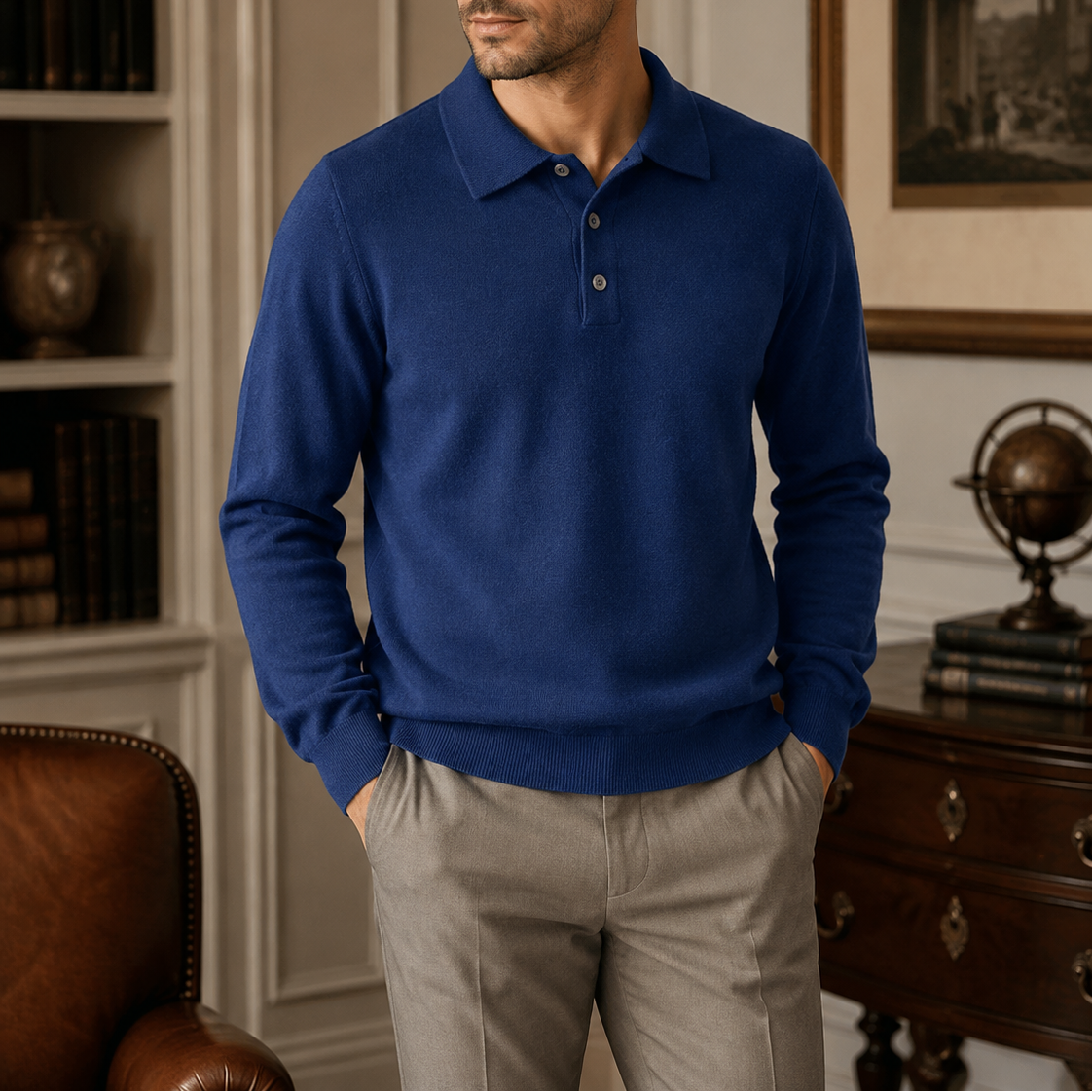 Men's Long Sleeve Plain Polo Sweater – Collared Button Placket Commuting