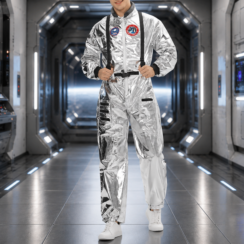 Men's Astronaut Jumpsuit Costume – Zip Front Long Sleeve Patch Detail Halloween Party