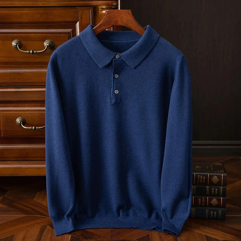 Men's Long Sleeve Plain Polo Sweater – Collared Button Placket Commuting
