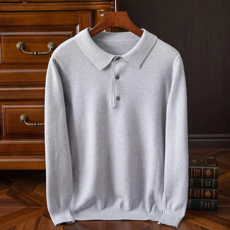 Men's Long Sleeve Plain Polo Sweater – Collared Button Placket Commuting