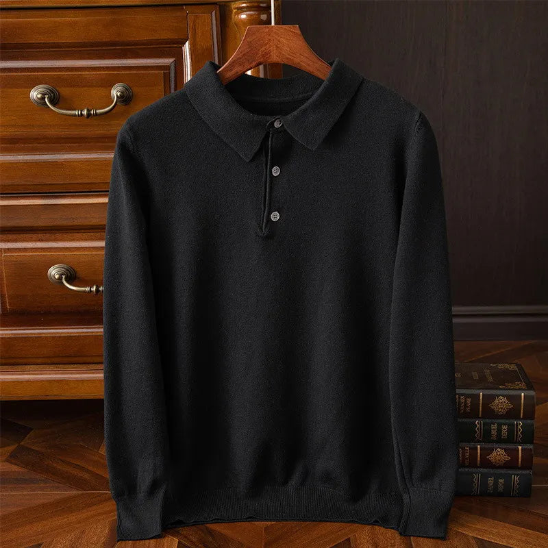 Men's Long Sleeve Plain Polo Sweater – Collared Button Placket Commuting