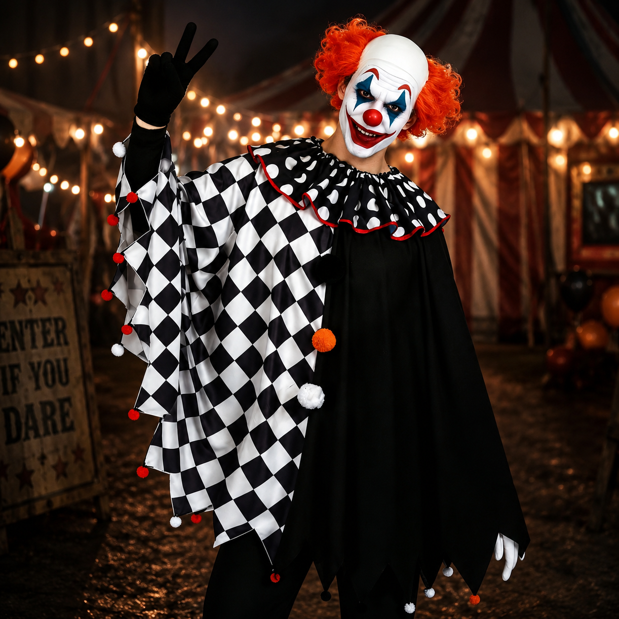 Men's Clown Checkerboard Costume – Poncho Cape Gloves Halloween Party