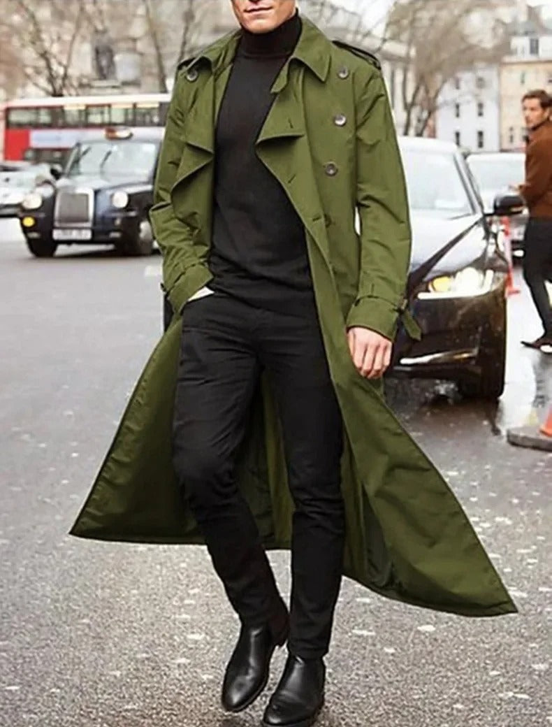 Men's Double-Breasted Trench Coat – Wide Lapel Waist Belt Theater Evenings