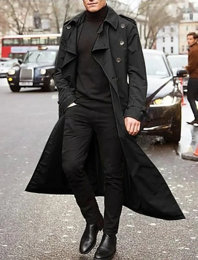 Men's Double-Breasted Trench Coat – Wide Lapel Waist Belt Theater Evenings