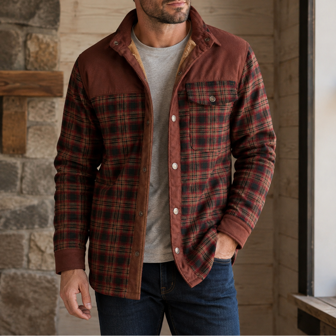 Men's Fleece-Lined Plaid Shirt Jacket – Button Front Long Sleeve Cabin Weekends