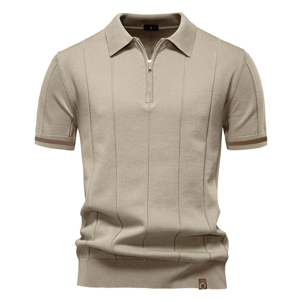 Men's Knit Striped Quarter Zip Polo – Short Sleeve Contrast Cuff Golf