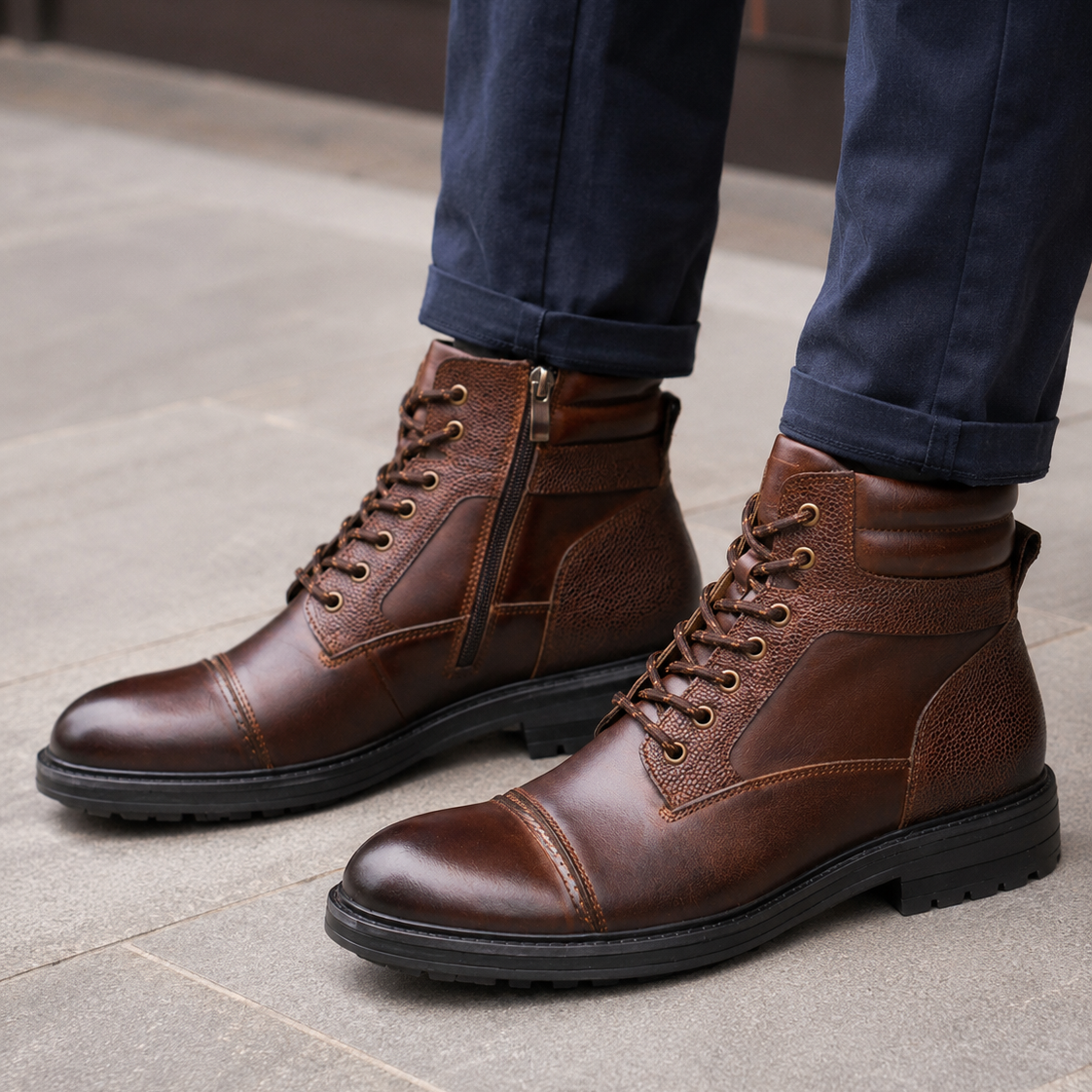 Men's Lace-Up Textured Boots – Side Zip Cap Toe Live Music Events
