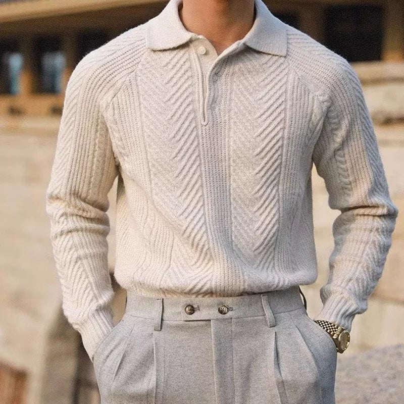 Men's Long Sleeve Textured Polo Sweater – Collared Button-Neck Evenings