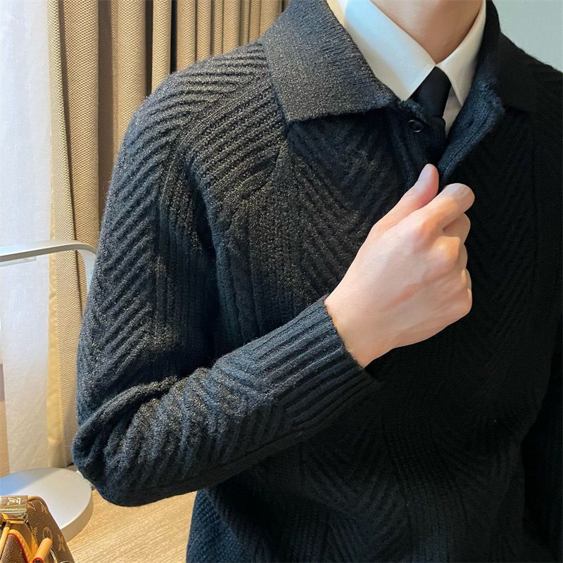 Men's Long Sleeve Textured Polo Sweater – Collared Button-Neck Evenings