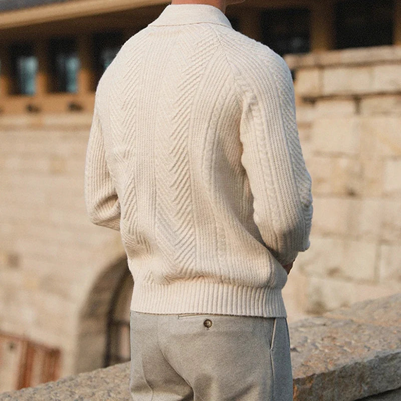 Men's Long Sleeve Textured Polo Sweater – Collared Button-Neck Evenings