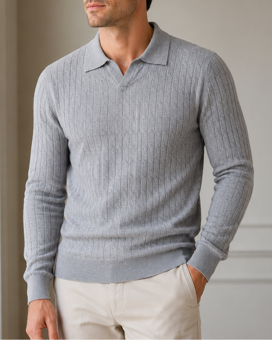 Men's Long Sleeve Textured Polo Sweater – Collared Ribbed-Trim Holiday Gatherings