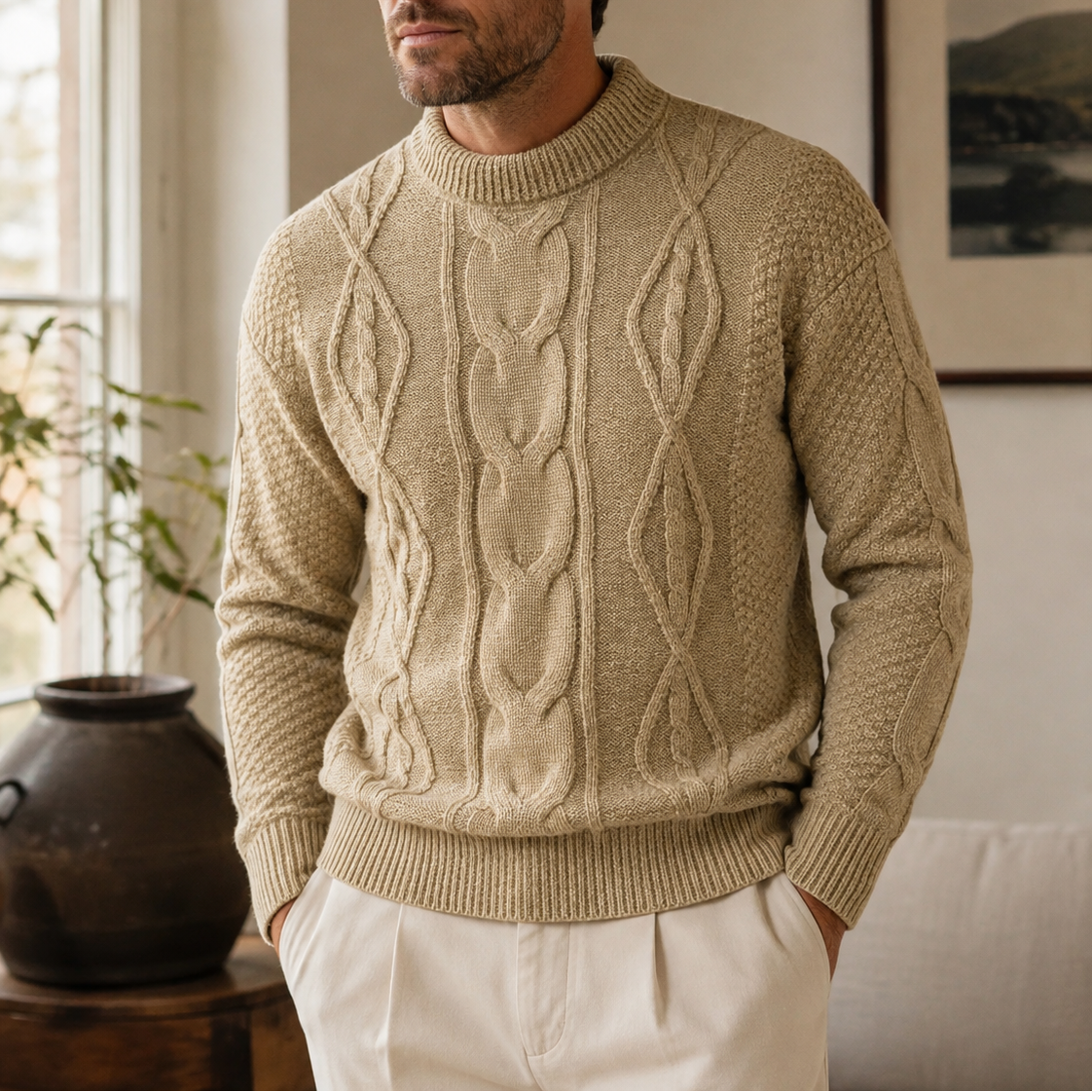 Men's Mock Neck Textured Knitted Sweater – Ribbed Cuffs Ribbed Hem Museum Visits