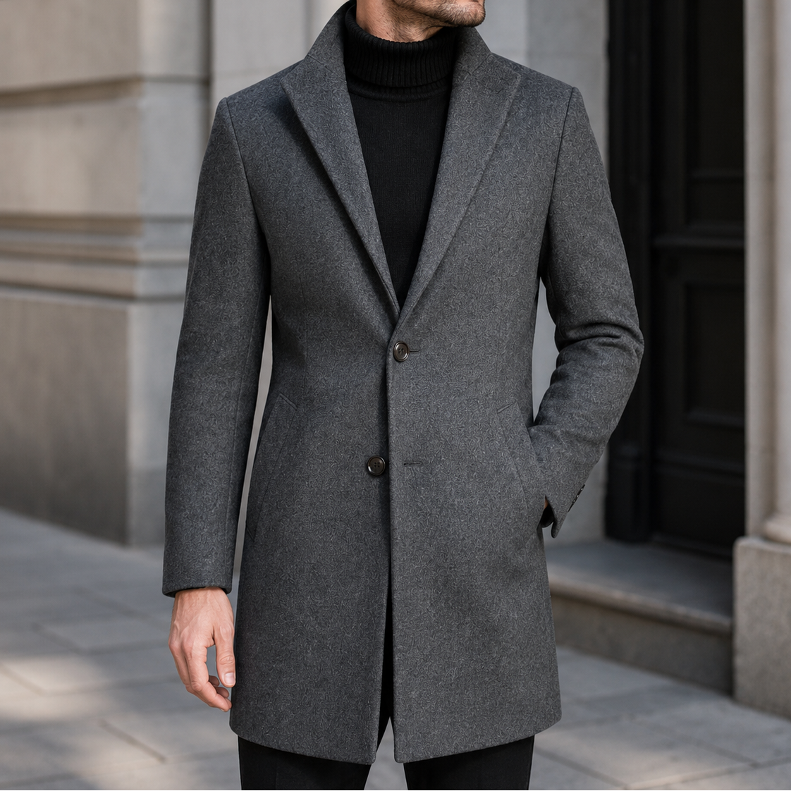 Men's Notched Collar Textured Coat – Two-Button Long Sleeve Evening Plans