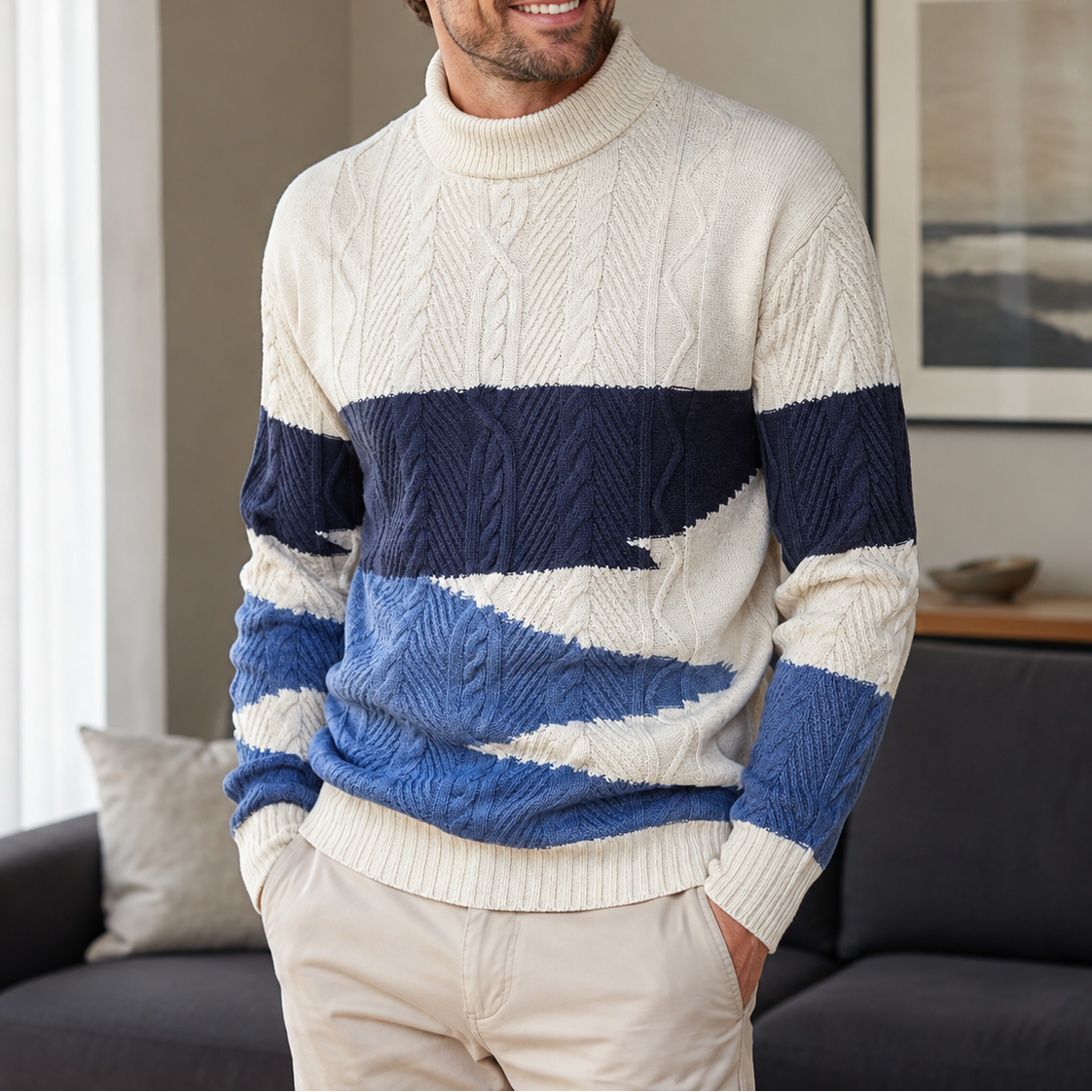 Men's Pullover Cable Pattern Knitted Sweater – Mock Neck Long Sleeves Reunions