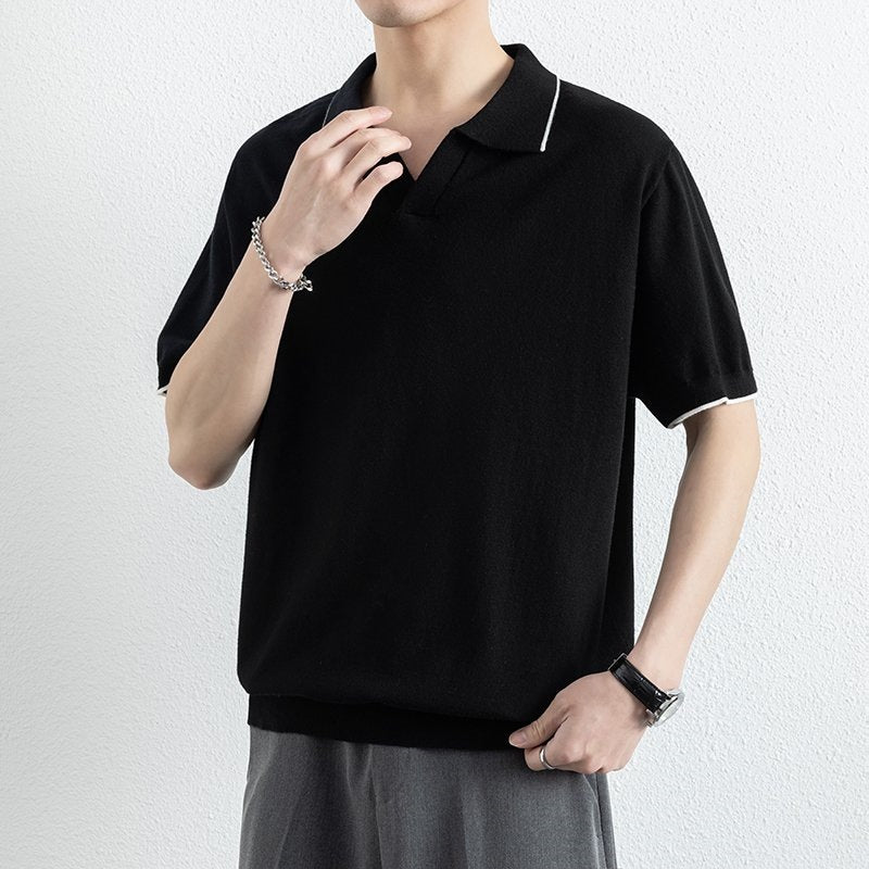 Men's Pullover Contrast Trim Polo Shirt – V Neck Short Sleeves Lunch Outings