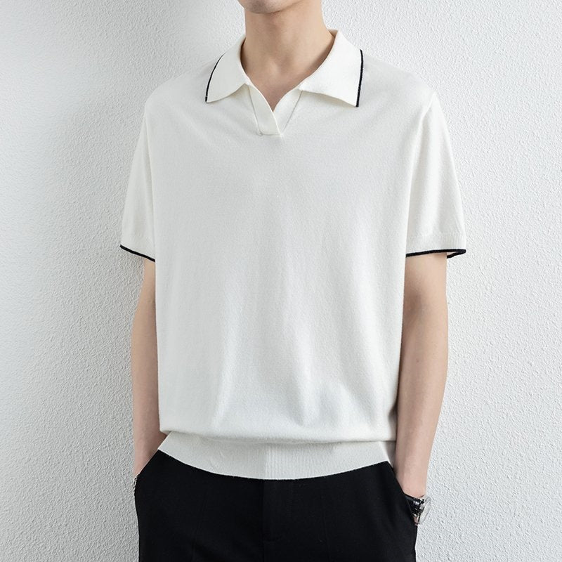 Men's Pullover Contrast Trim Polo Shirt – V Neck Short Sleeves Lunch Outings
