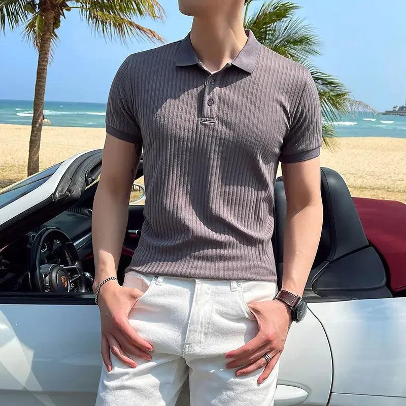 Men's Pullover Ribbed Polo Shirt – Short Sleeves Button Placket Marina Evenings