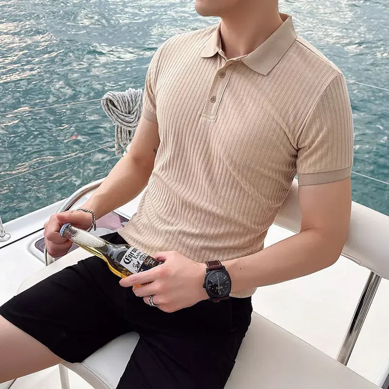 Men's Pullover Ribbed Polo Shirt – Short Sleeves Button Placket Marina Evenings