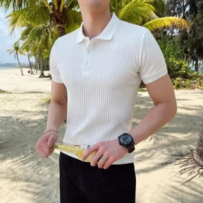 Men's Pullover Ribbed Polo Shirt – Short Sleeves Button Placket Marina Evenings