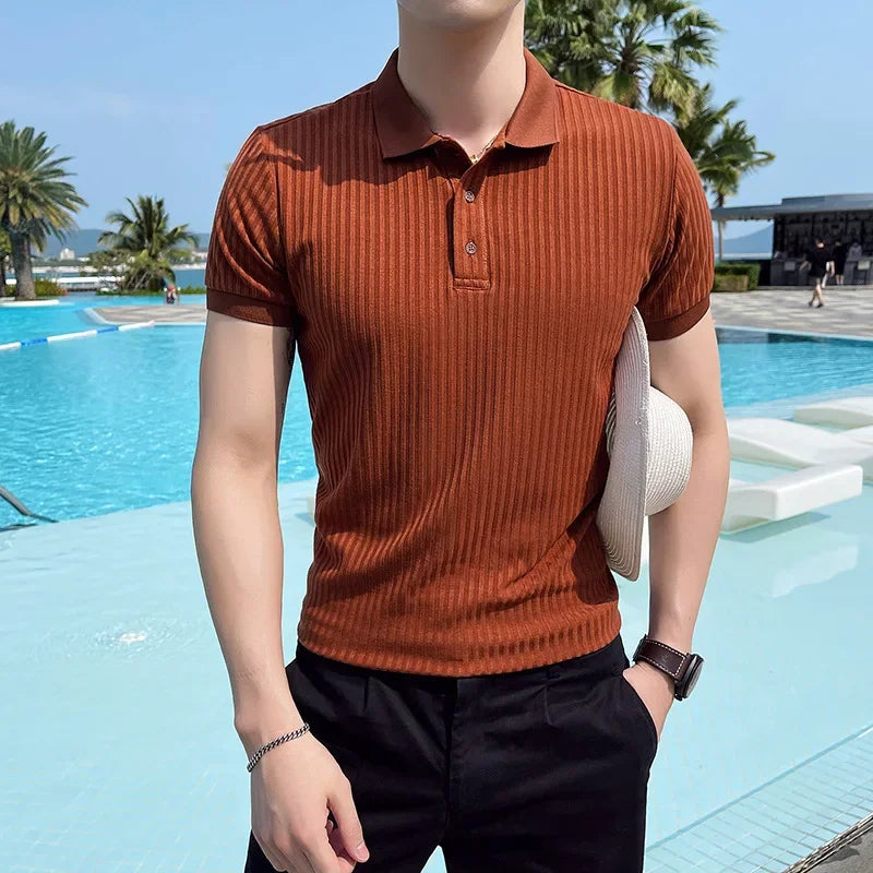 Men's Pullover Ribbed Polo Shirt – Short Sleeves Button Placket Marina Evenings