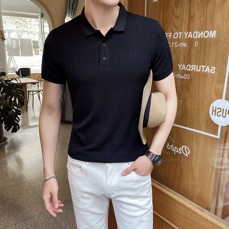 Men's Pullover Ribbed Polo Shirt – Short Sleeves Button Placket Marina Evenings