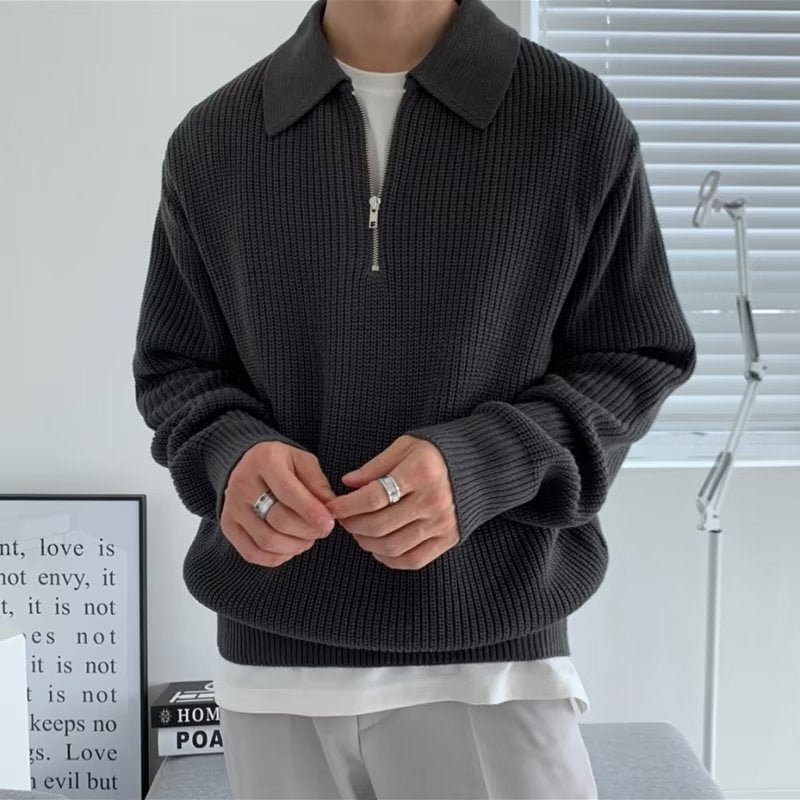Men's Pullover Ribbed Polo Sweater – Quarter Zip Long Sleeves Museum Visits