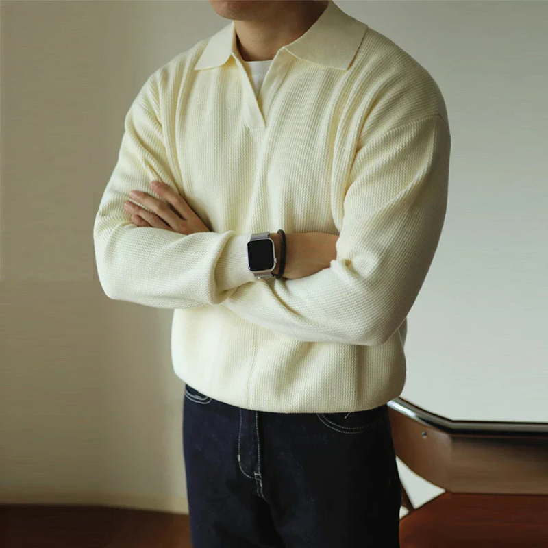 Men's Pullover Textured Polo Sweater – Collared V Neck Long Sleeves Receptions