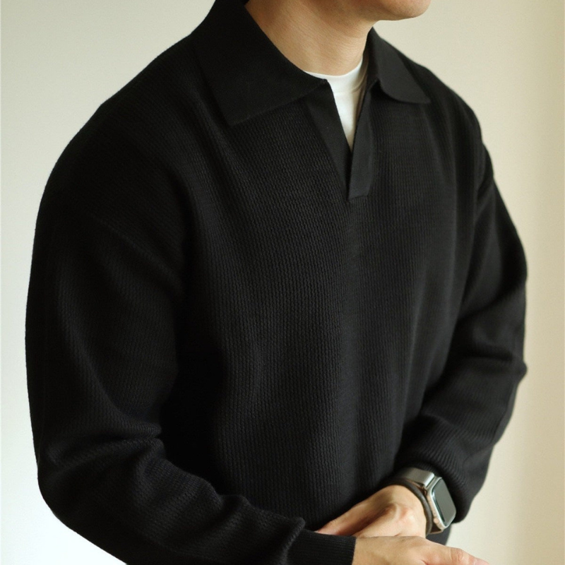 Men's Pullover Textured Polo Sweater – Collared V Neck Long Sleeves Receptions