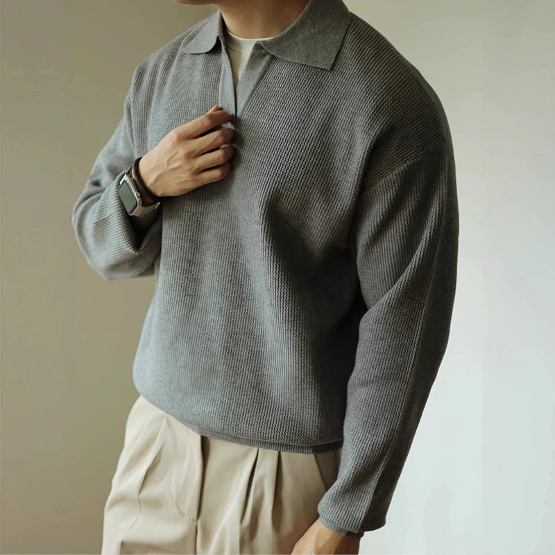 Men's Pullover Textured Polo Sweater – Collared V Neck Long Sleeves Receptions