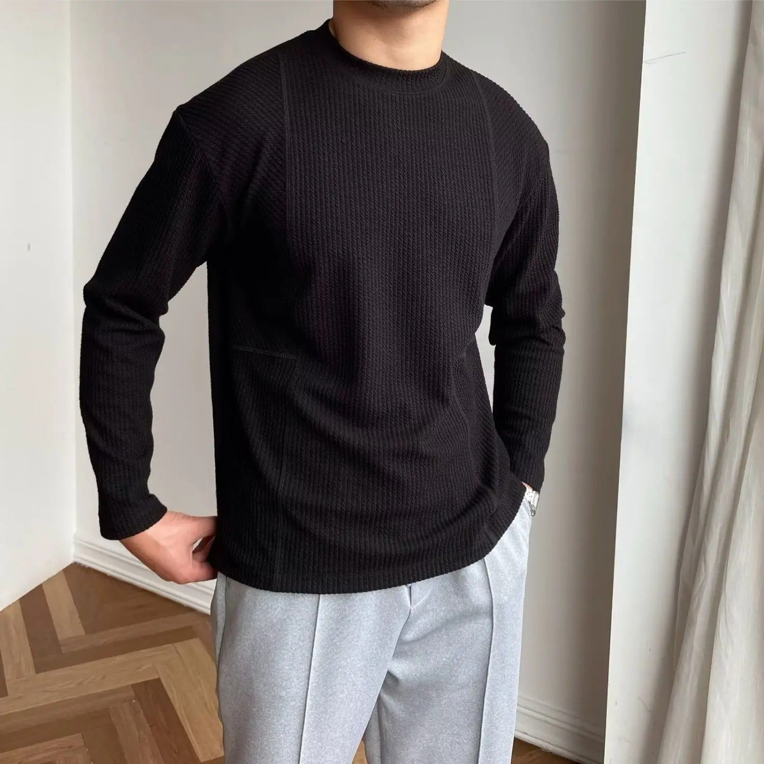 Men's Pullover Textured Sweater – Crew Neck Long Sleeves Theater Evenings