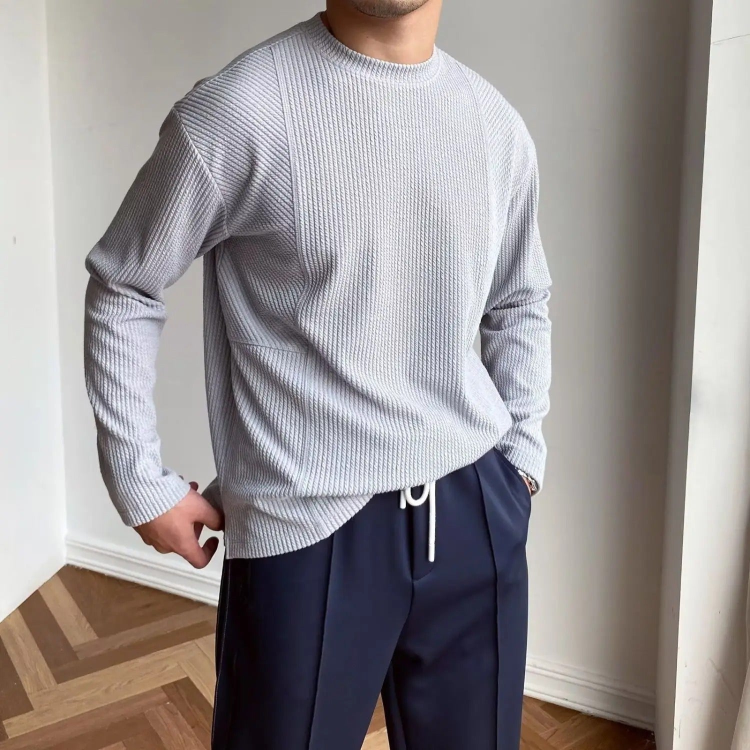 Men's Pullover Textured Sweater – Crew Neck Long Sleeves Theater Evenings