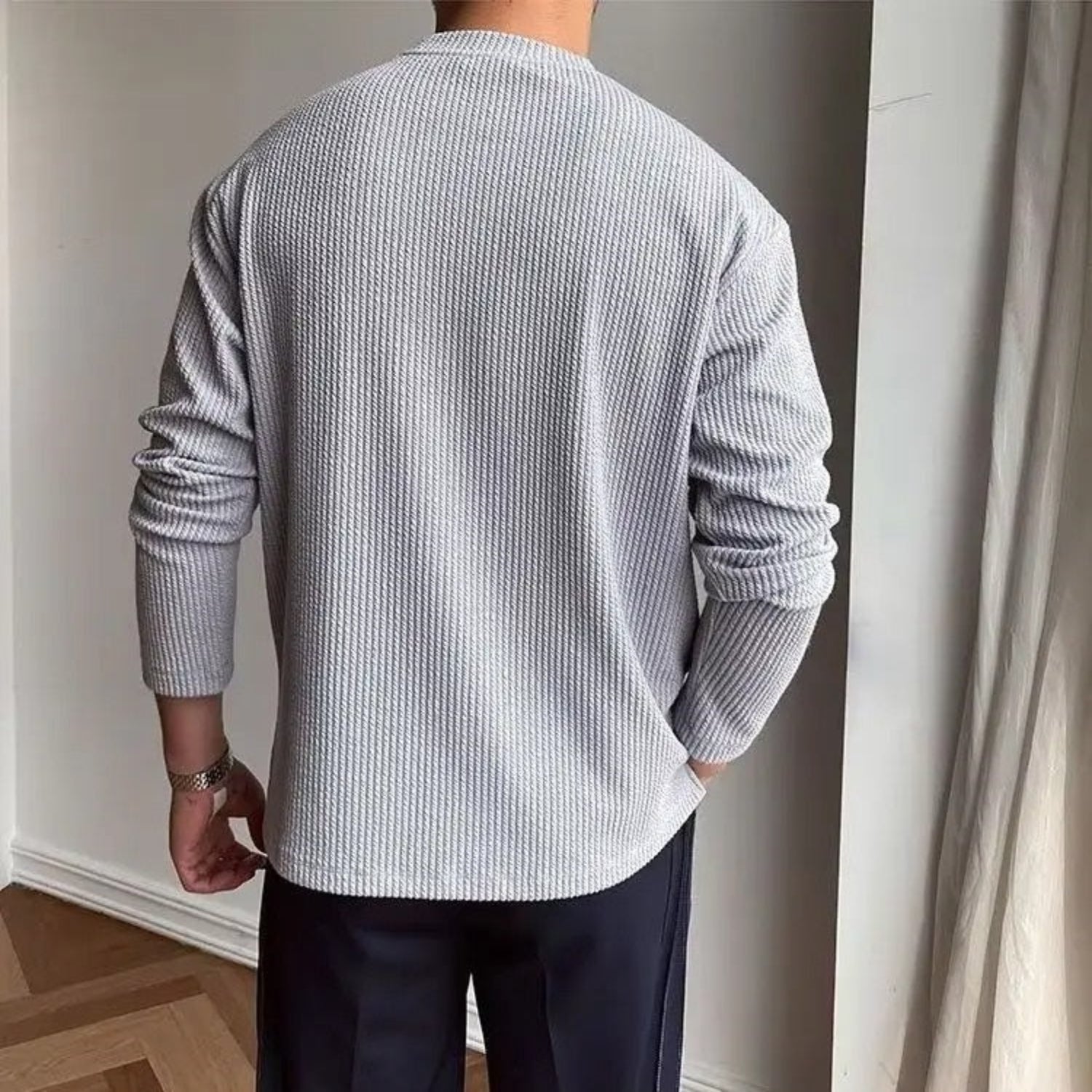 Men's Pullover Textured Sweater – Crew Neck Long Sleeves Theater Evenings