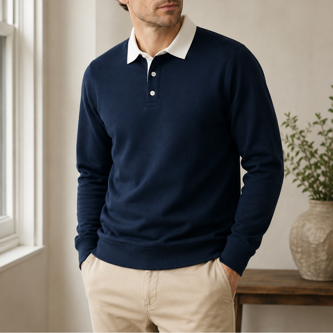 Men's Pullover Trim Polo Sweater – Button Placket Long Sleeves Gallery Visits