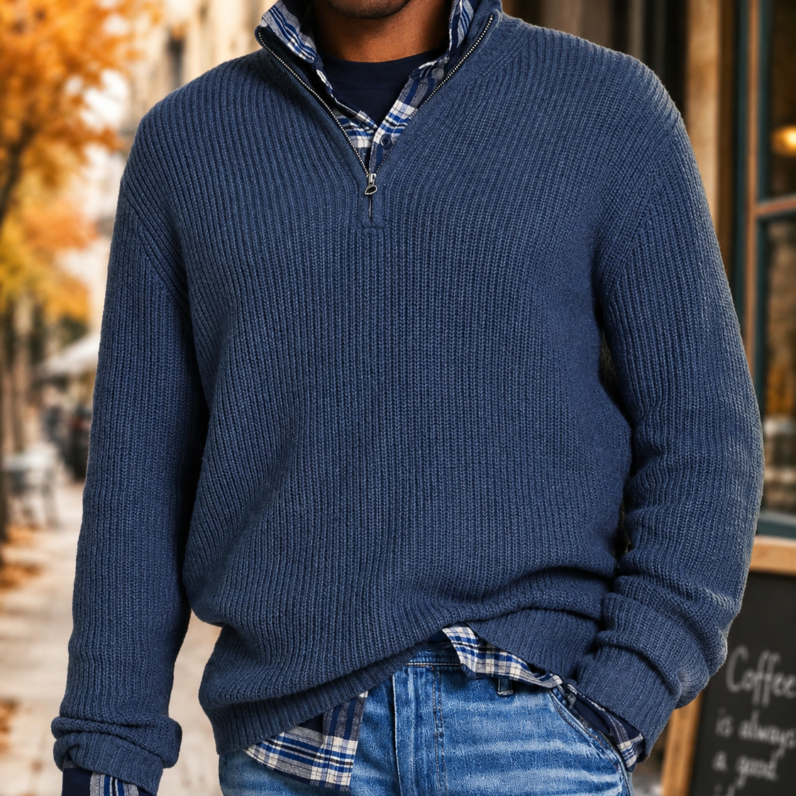 Men's Ribbed Quarter-Zip Knitted Sweater – Stand Collar Long Sleeves Art Shows