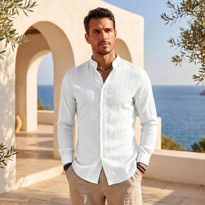 Men's Textured Button-Up Shirt – Band Collar Long Sleeves Office Days