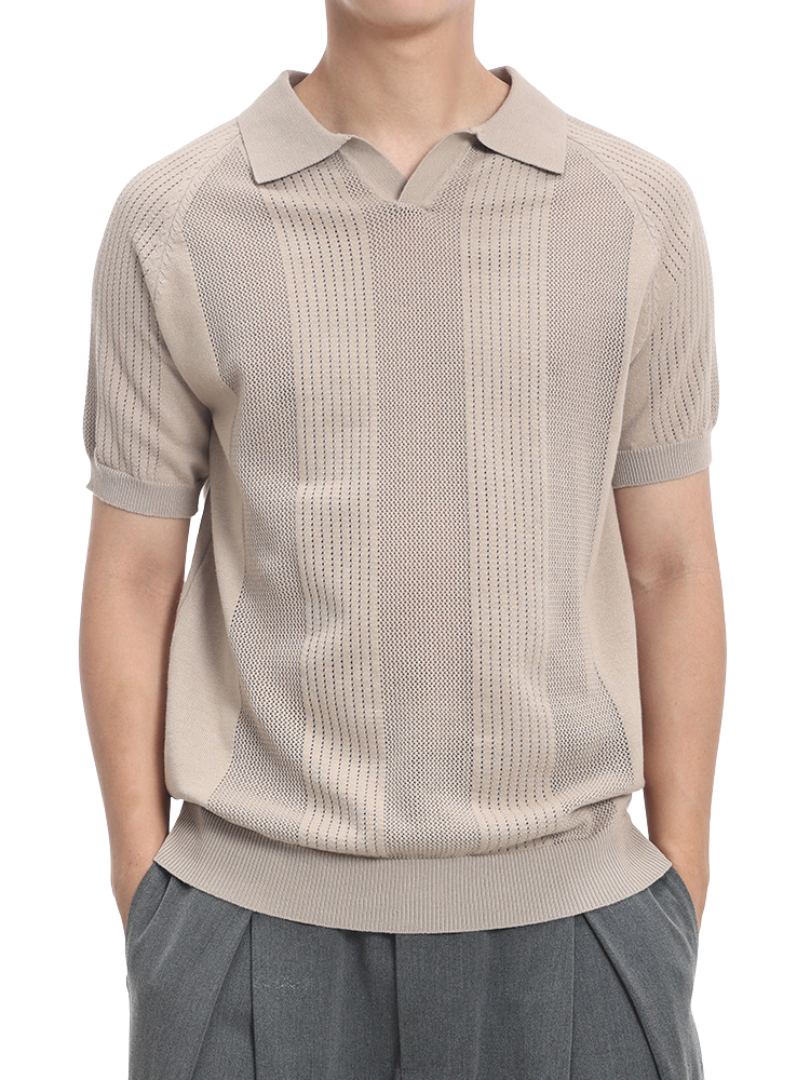 Men's Textured Knit Polo Shirt – Collared V-Neck Short Sleeves Weekend Brunches