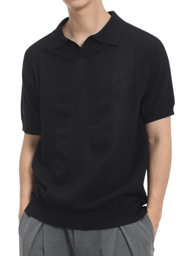 Men's Textured Knit Polo Shirt – Collared V-Neck Short Sleeves Weekend Brunches