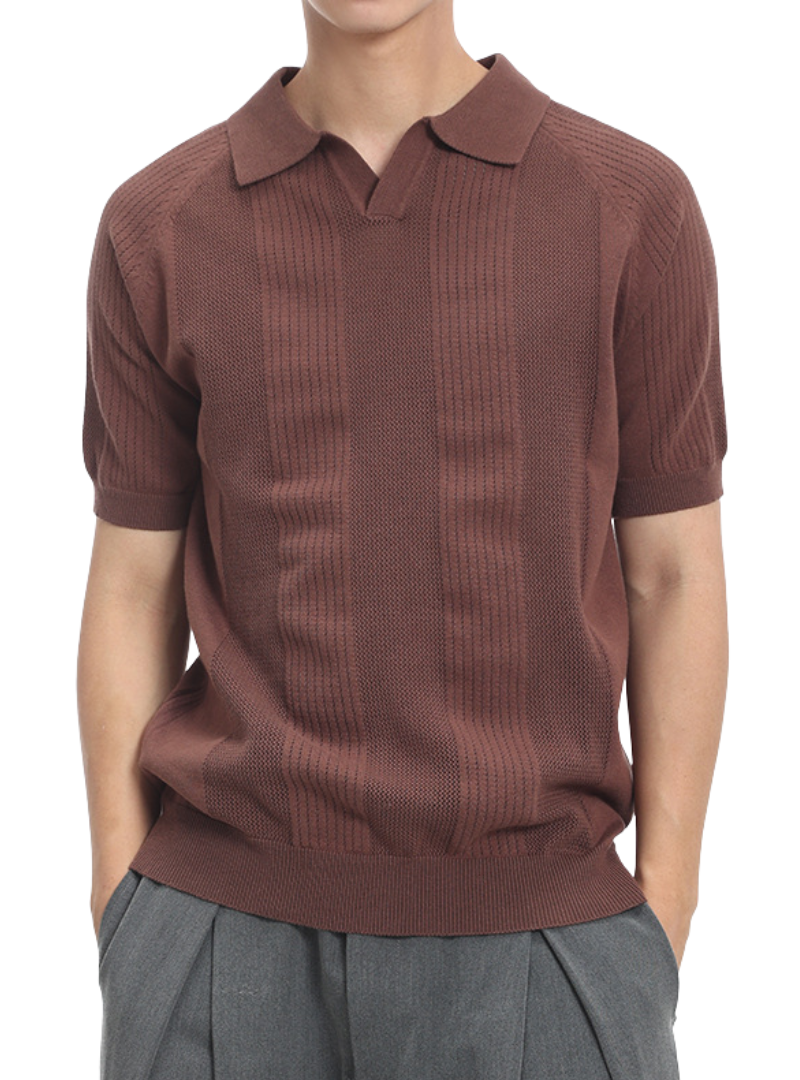 Men's Textured Knit Polo Shirt – Collared V-Neck Short Sleeves Weekend Brunches