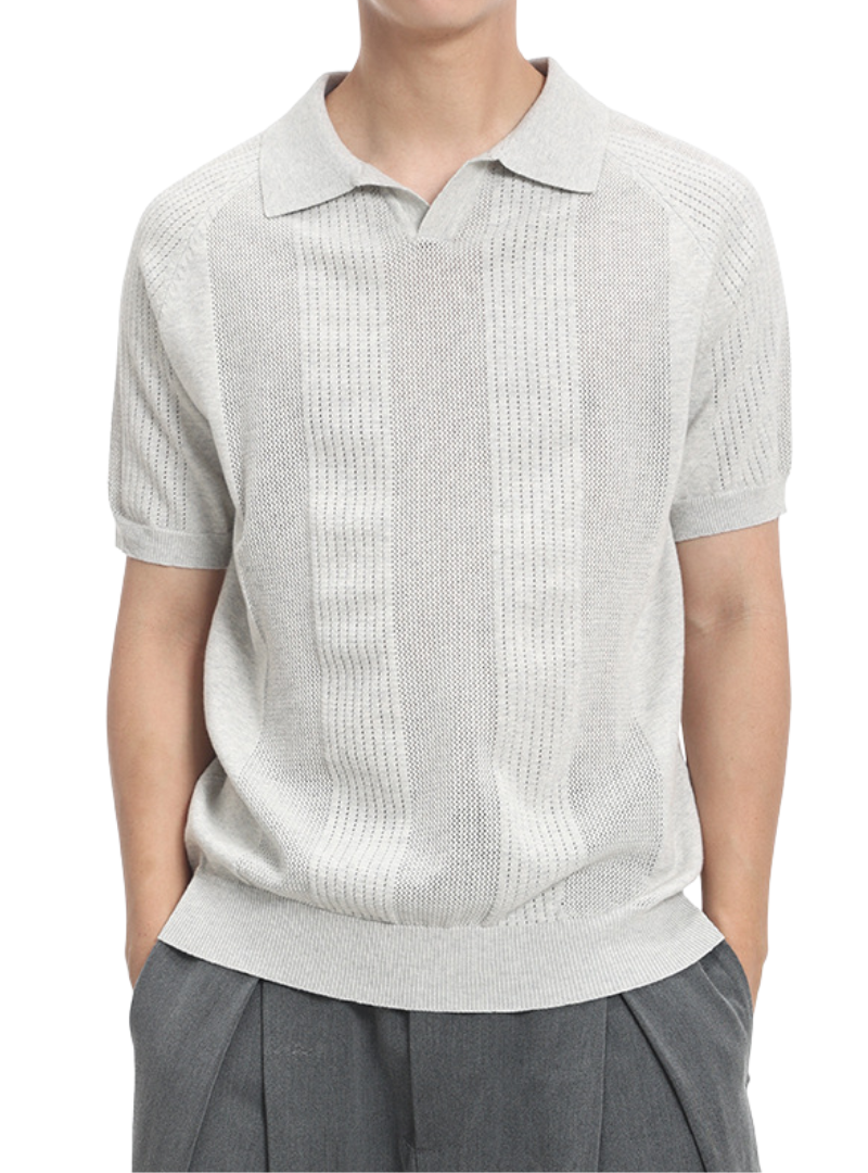Men's Textured Knit Polo Shirt – Collared V-Neck Short Sleeves Weekend Brunches