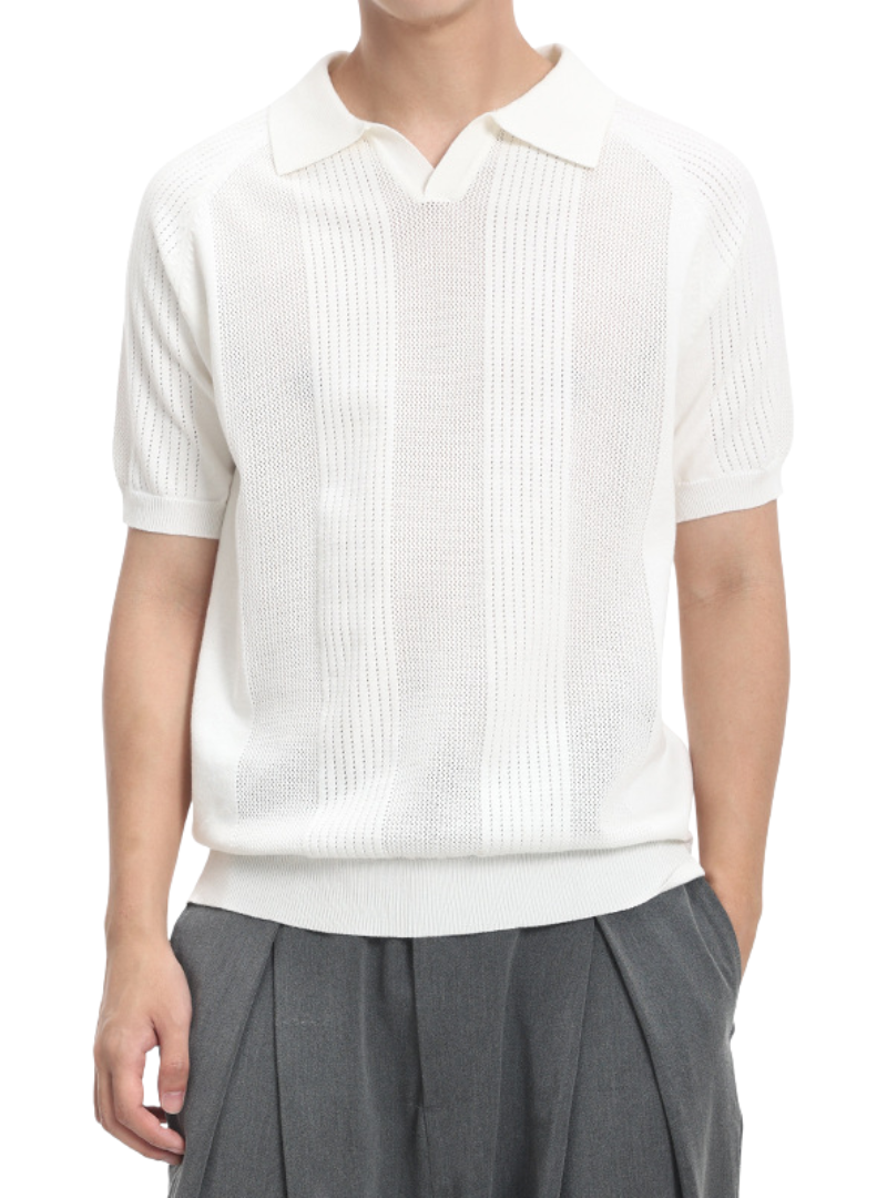 Men's Textured Knit Polo Shirt – Collared V-Neck Short Sleeves Weekend Brunches