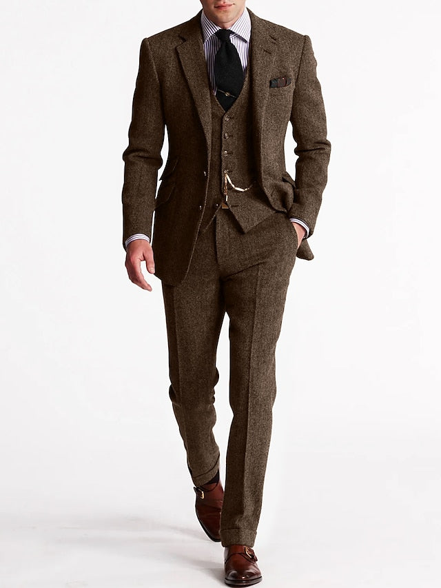 Men's Tweed Herringbone 3 Piece Suit – Slim Fit Notch Lapel Wedding Guest