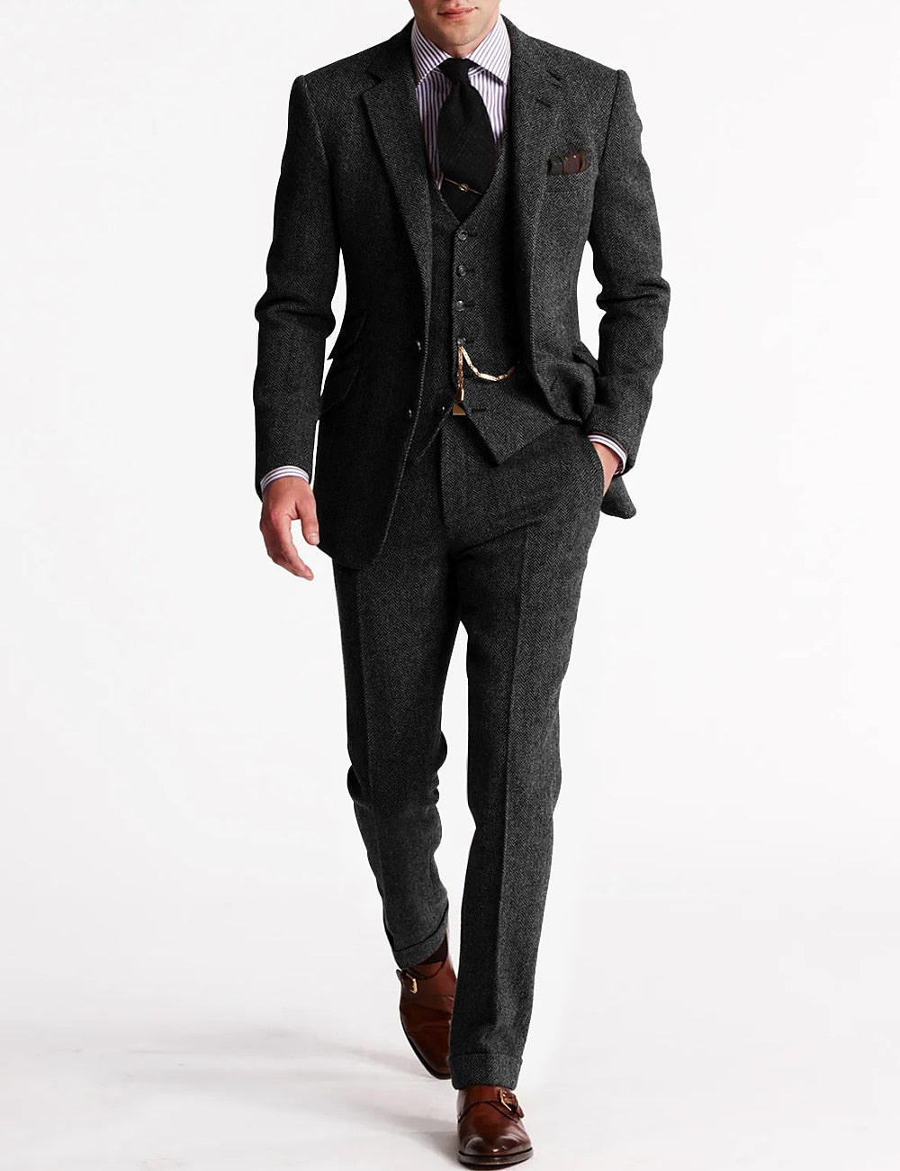 Men's Tweed Herringbone 3 Piece Suit – Slim Fit Notch Lapel Wedding Guest