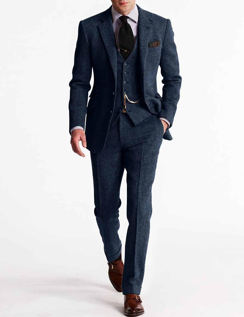 Men's Tweed Herringbone 3 Piece Suit – Slim Fit Notch Lapel Wedding Guest