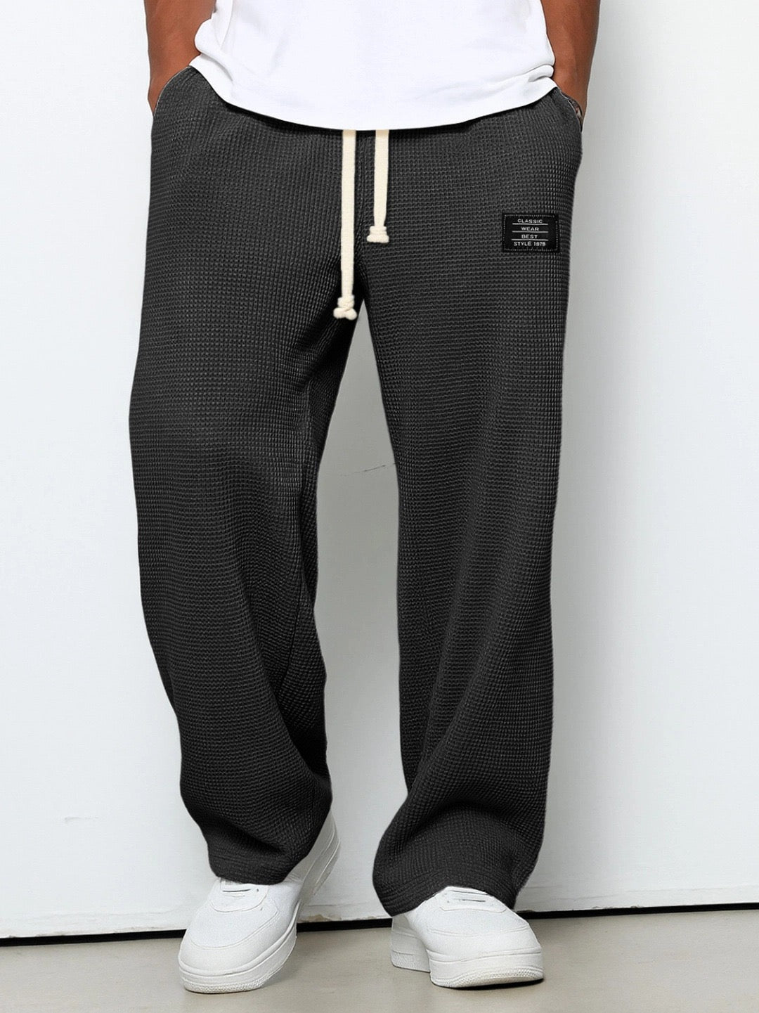 Men's Wide-Leg Textured Sweatpants – Side Pockets Full Length Airport Travel