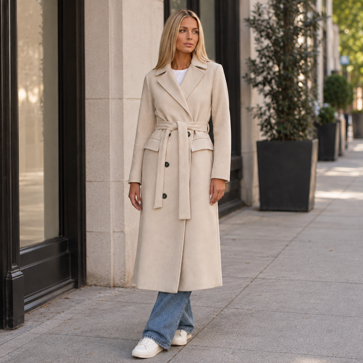 Women's Belted Textured Coat – Double-Breasted Notched Lapel Book Launch