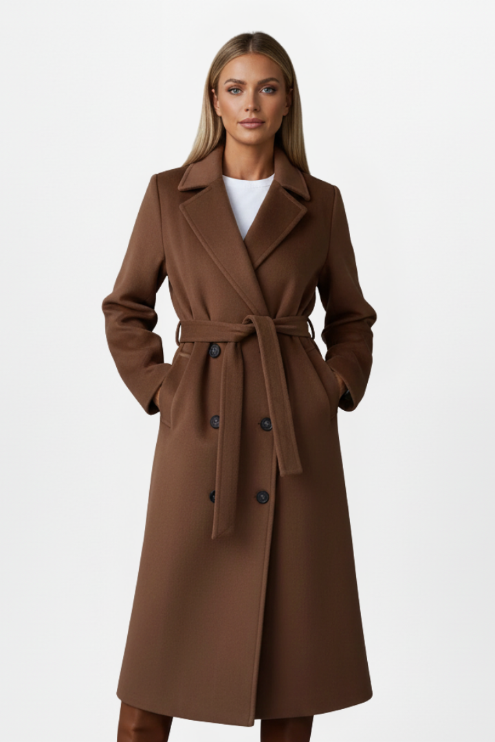 Women's Belted Textured Coat – Double-Breasted Notched Lapel Book Launch
