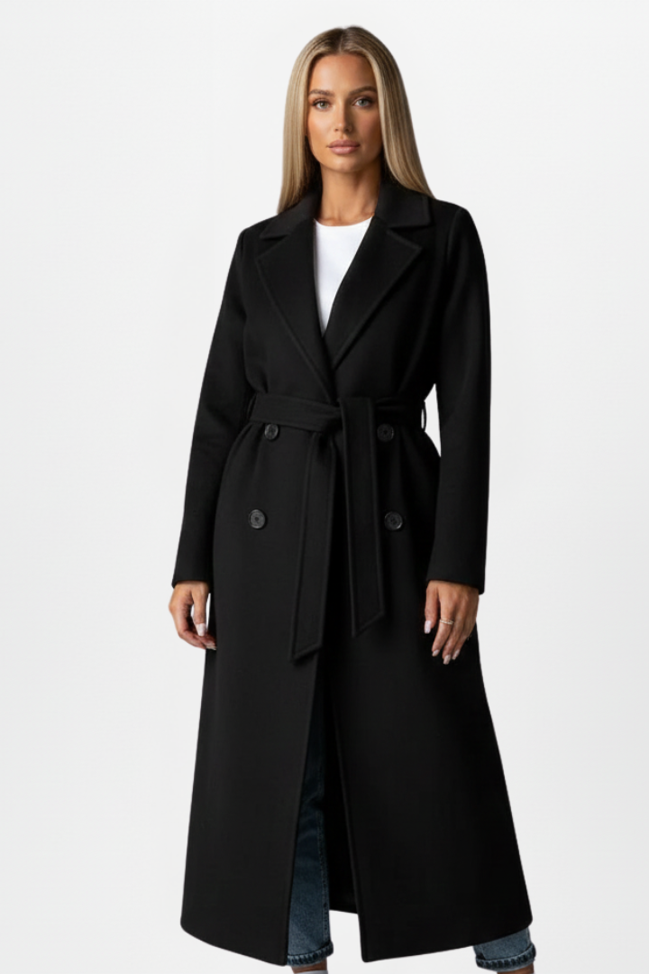 Women's Belted Textured Coat – Double-Breasted Notched Lapel Book Launch