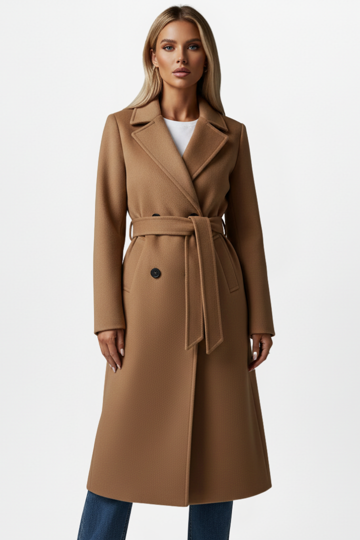 Women's Belted Textured Coat – Double-Breasted Notched Lapel Book Launch
