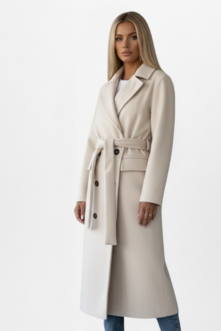 Women's Belted Textured Coat – Double-Breasted Notched Lapel Book Launch