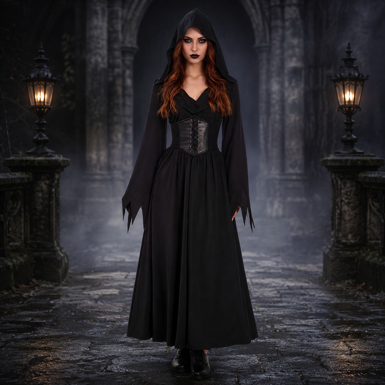 Women's Black Vampire Hooded Costume – Corset Waist Long Sleeve Halloween Party